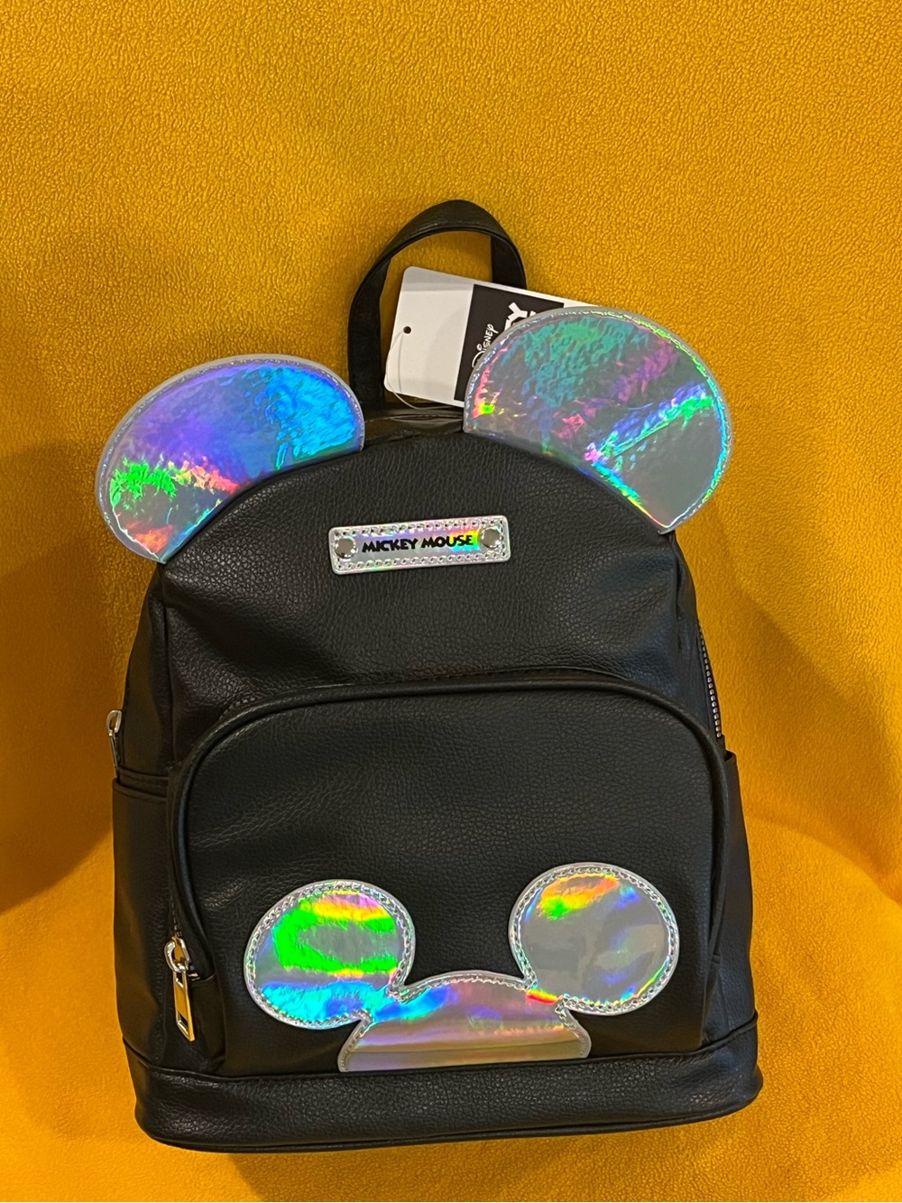 Disney Mickey Mouse black faux leather Mini Backpack w/ holographic details. NWT